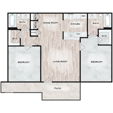 Floor plan for 2 beds, 2 baths, 865 sqft